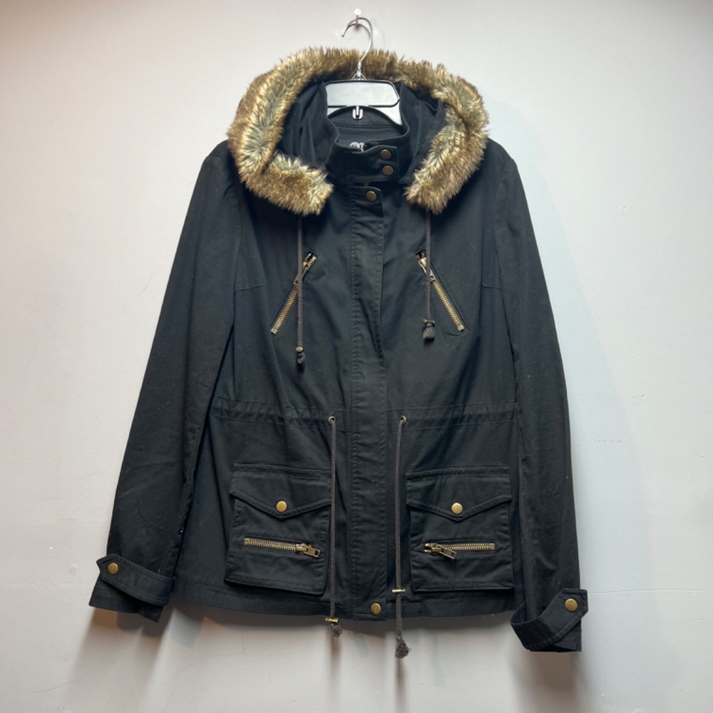 Tart Collections Cotton Utility Twill jacket w Fur hood lots of pockets  BLACK